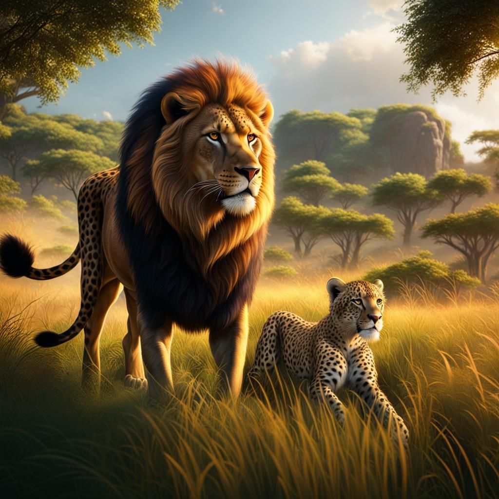 A big lion and a cheetah playing in the grass - AI Generated Artwork ...