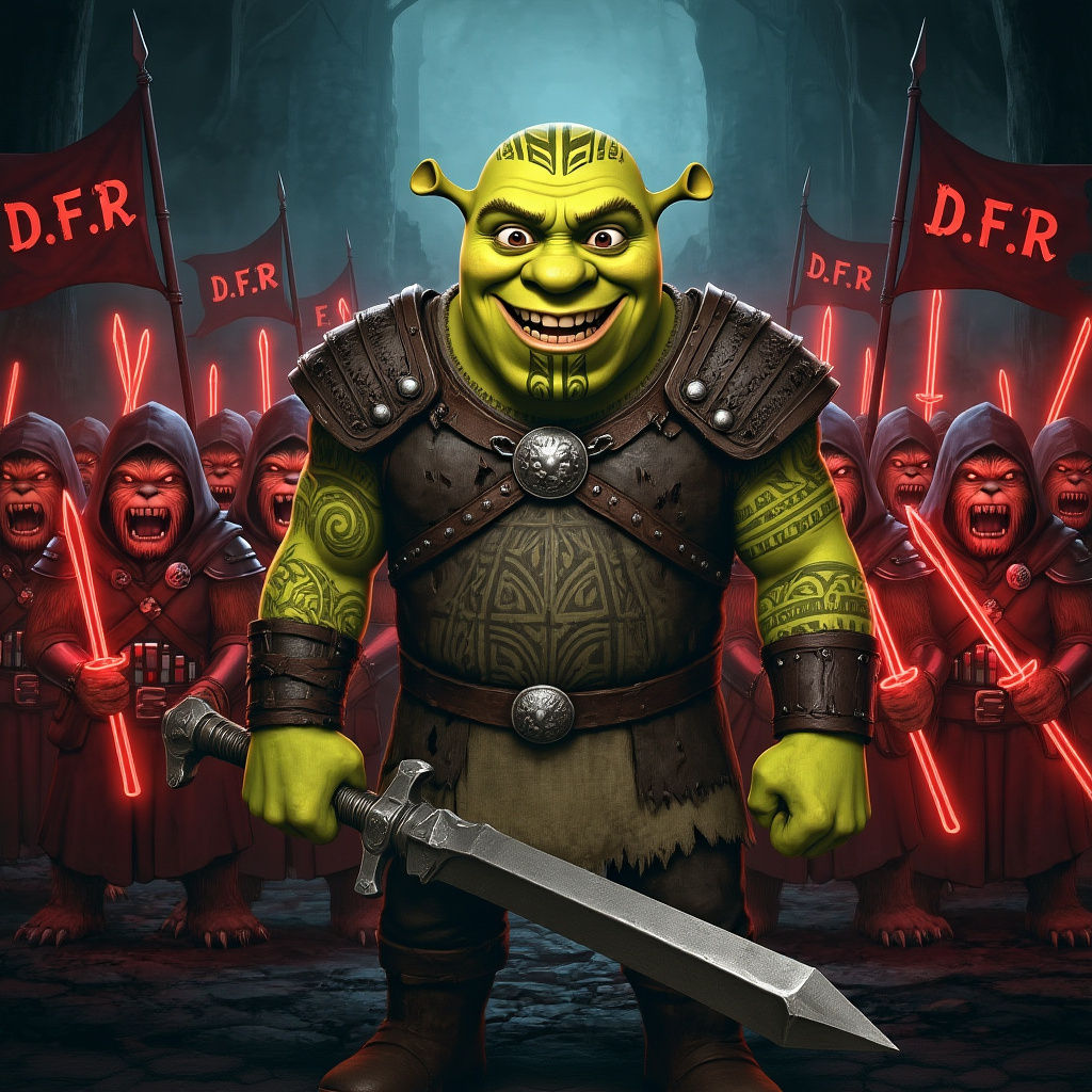  Evil warrior Shrek with evil smile and maori tattoos wielding a gold neon taiaha and army of warrior ewok sith lords wielding red neon taia...