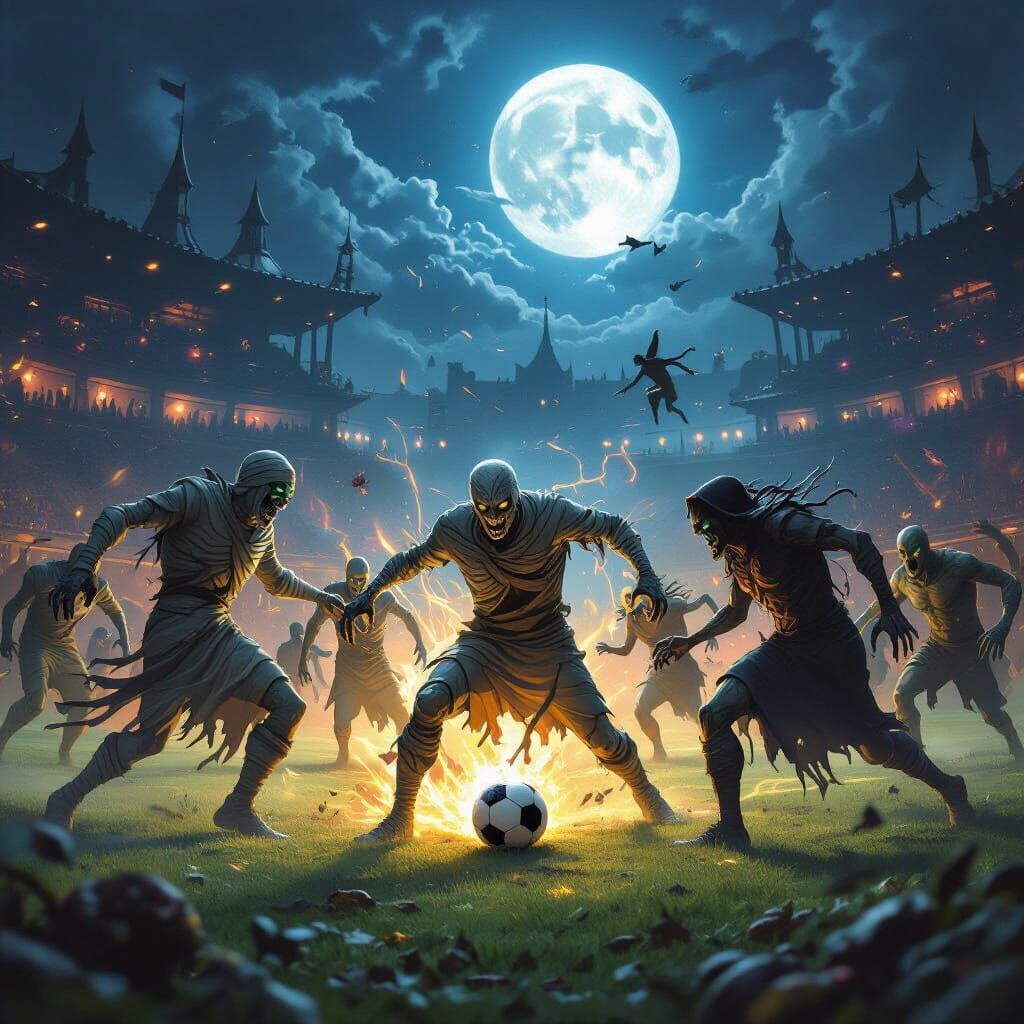 soccer pitch, zombies, witches, mummies, werewolves, magical creatures