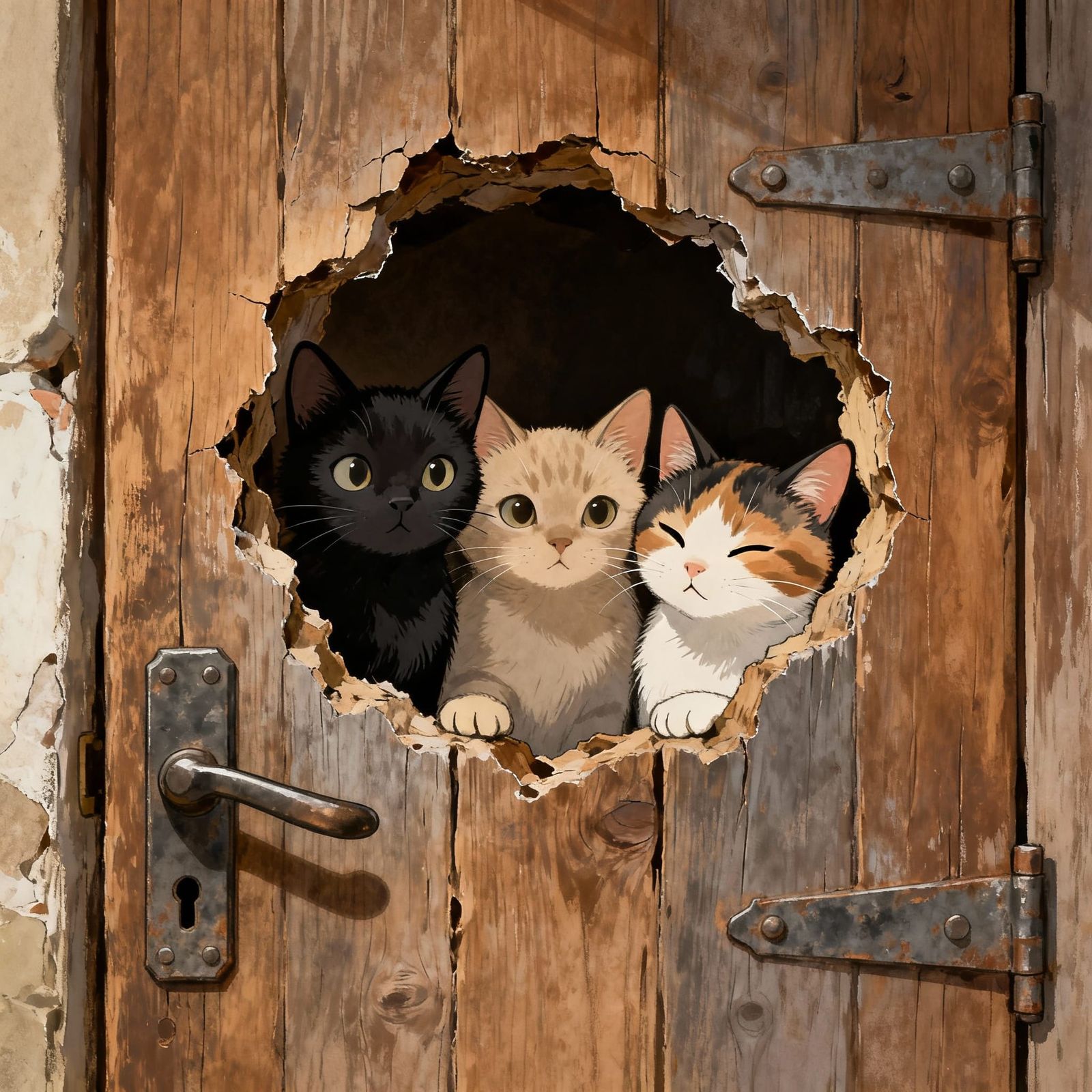 Curious Cats Peek Through Wooden Door