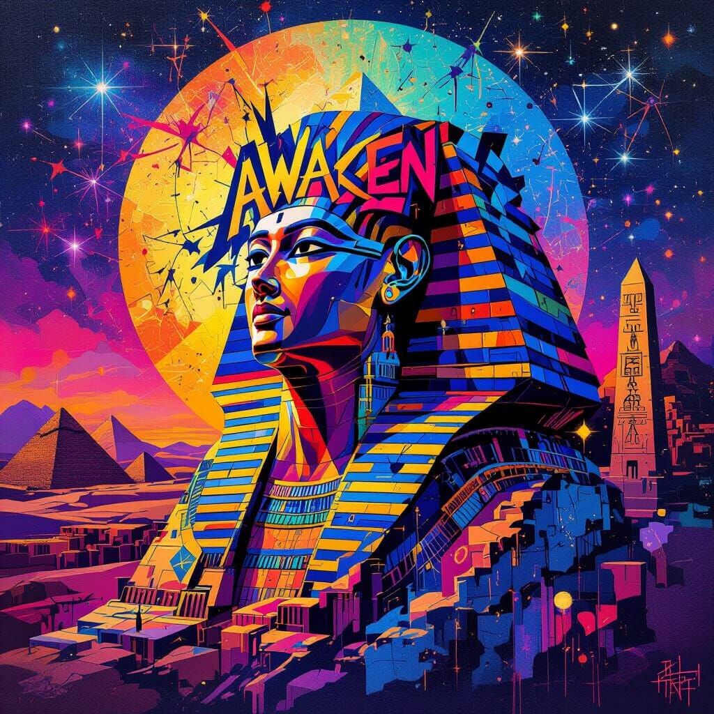 abstract painting, egyptian iconography, colourful, including space star constellations, symbols of enlightenment, the word awaken, add the ...