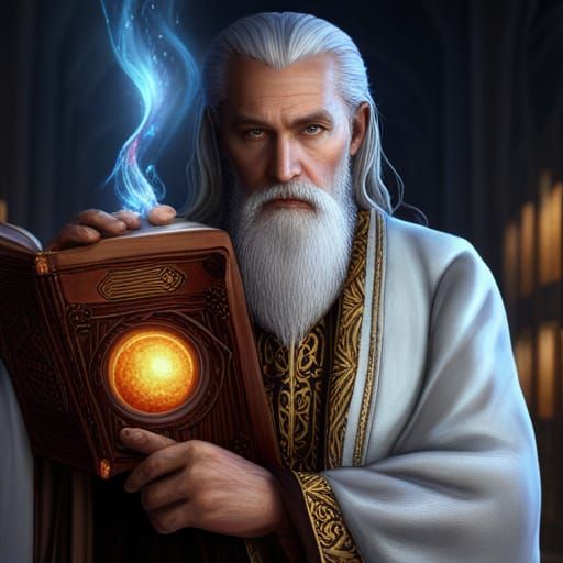 elderly wizard looking at a book in a wizard library : r/nightcafe