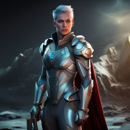 Silver armor, high tech, superhero, male, buff, sleek, full body - AI ...