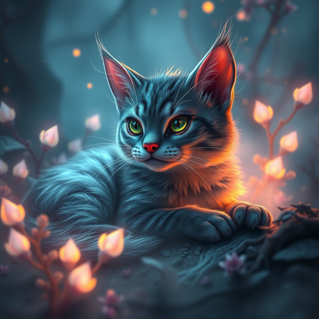 Iridescent Feline in Dreamlike Fantasy Artscape