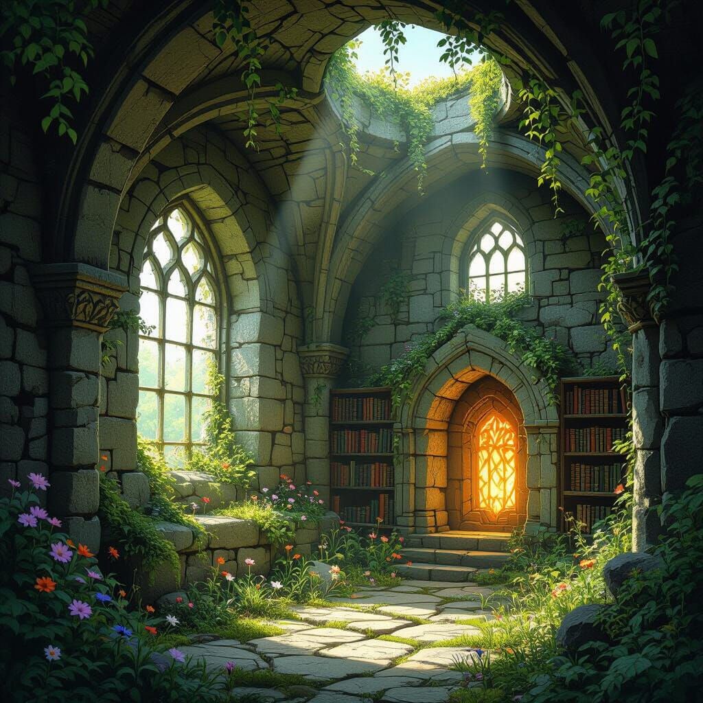 An ancient, moss-covered stone library, with vines and wildflowers reclaiming its crumbling walls and ...  by @KirstyP 
