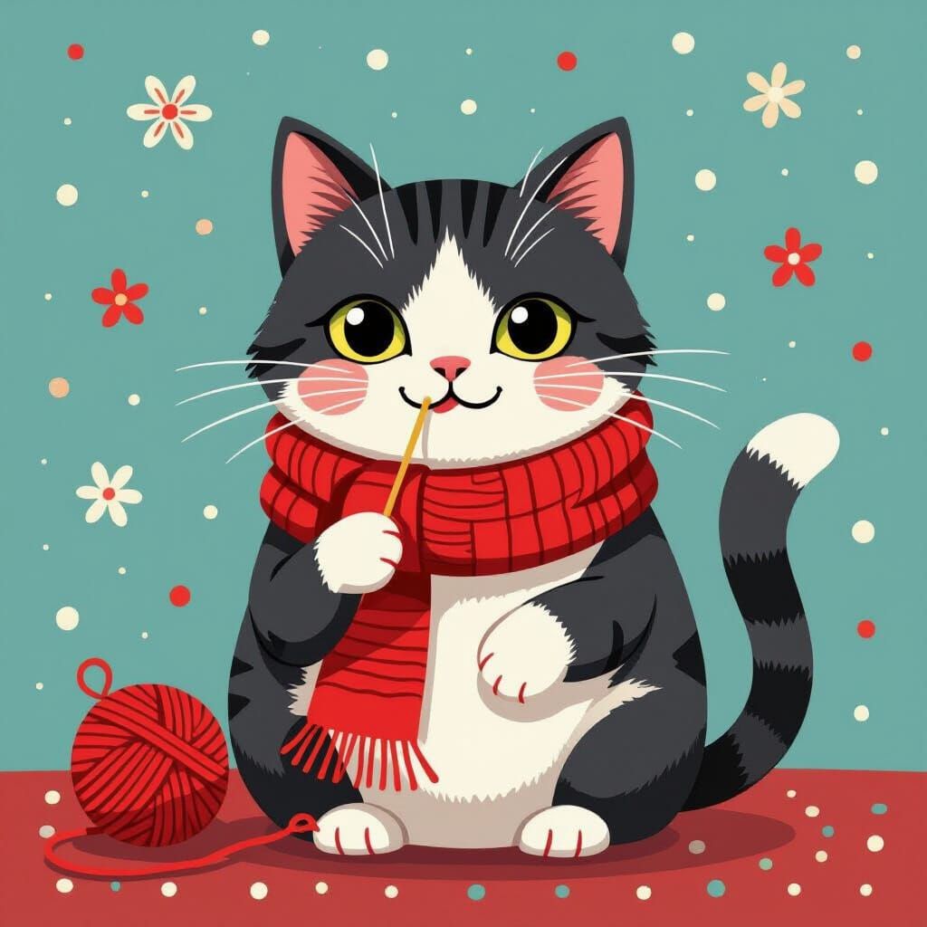 Cat Knitting Red Scarf in Whimsical Animated Style