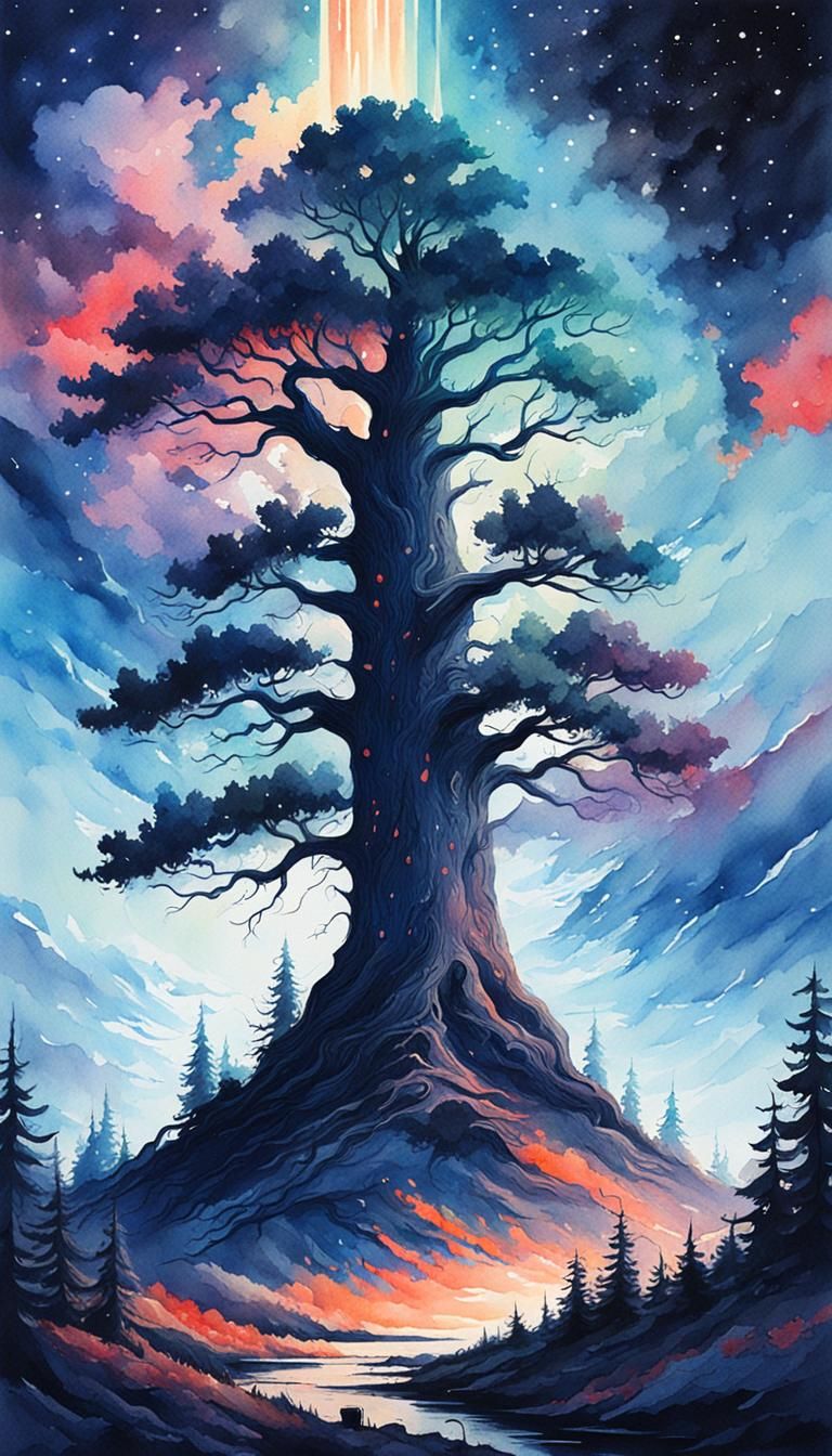 Space Tree Watercolor Painting with Deep Color