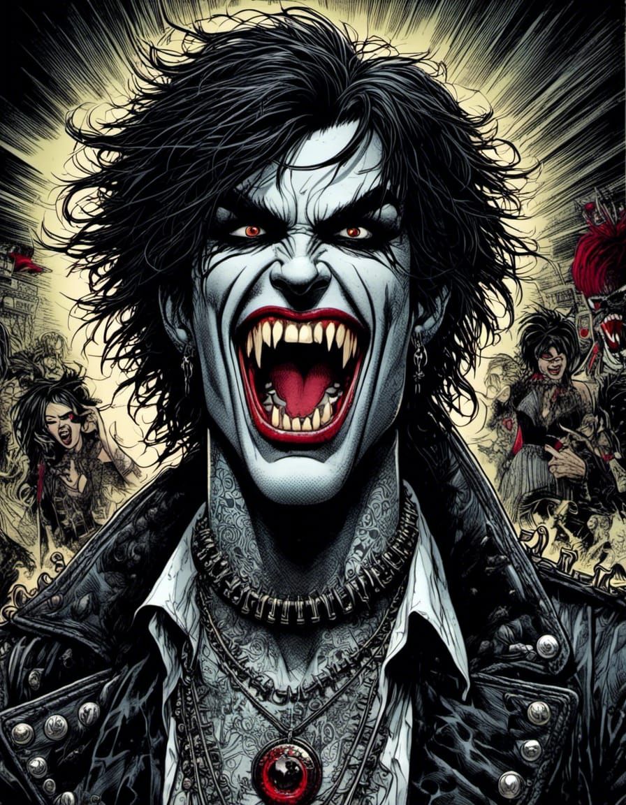 fine-detailed comic-art portrait of a modern punk male vampire rockstar <lora:Gothipunk Vampires 2:1.2> showing his fangs, on a nightclub st...