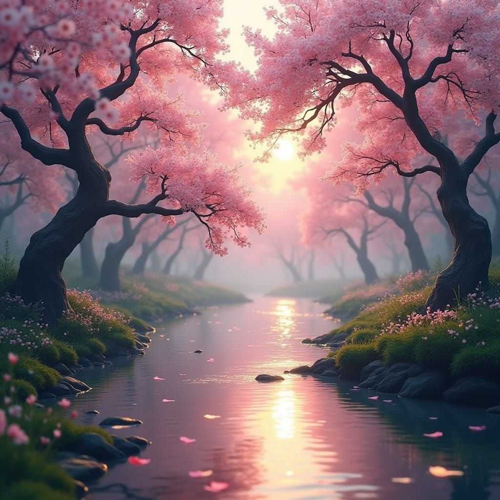 A tranquil river meandering through delicate cherry blossom trees in full bloom. The soft pink blossoms ...  by @Delores Powell