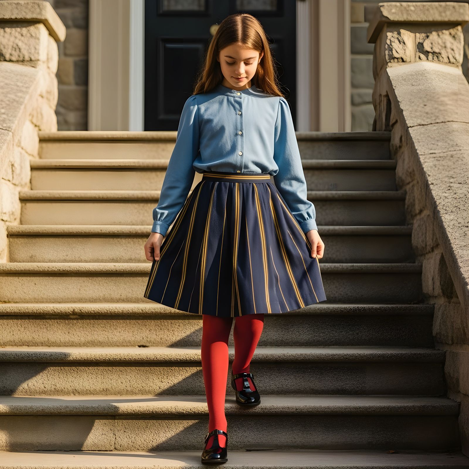 Girl Descends Stone Stairs in Sunny Daylight