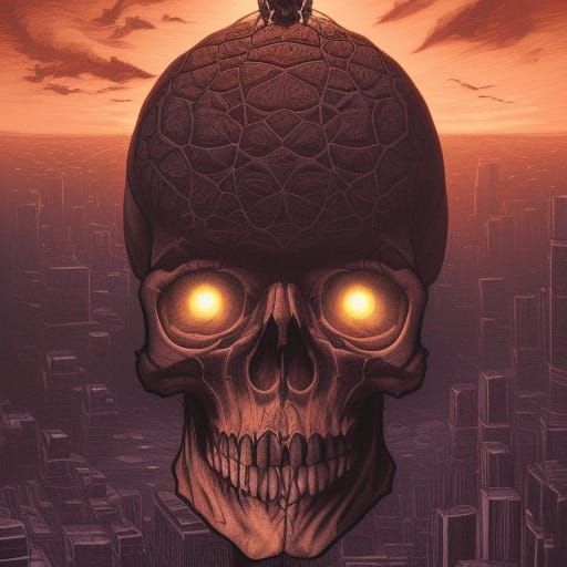 Gargantuan skull floating over foggy city at night