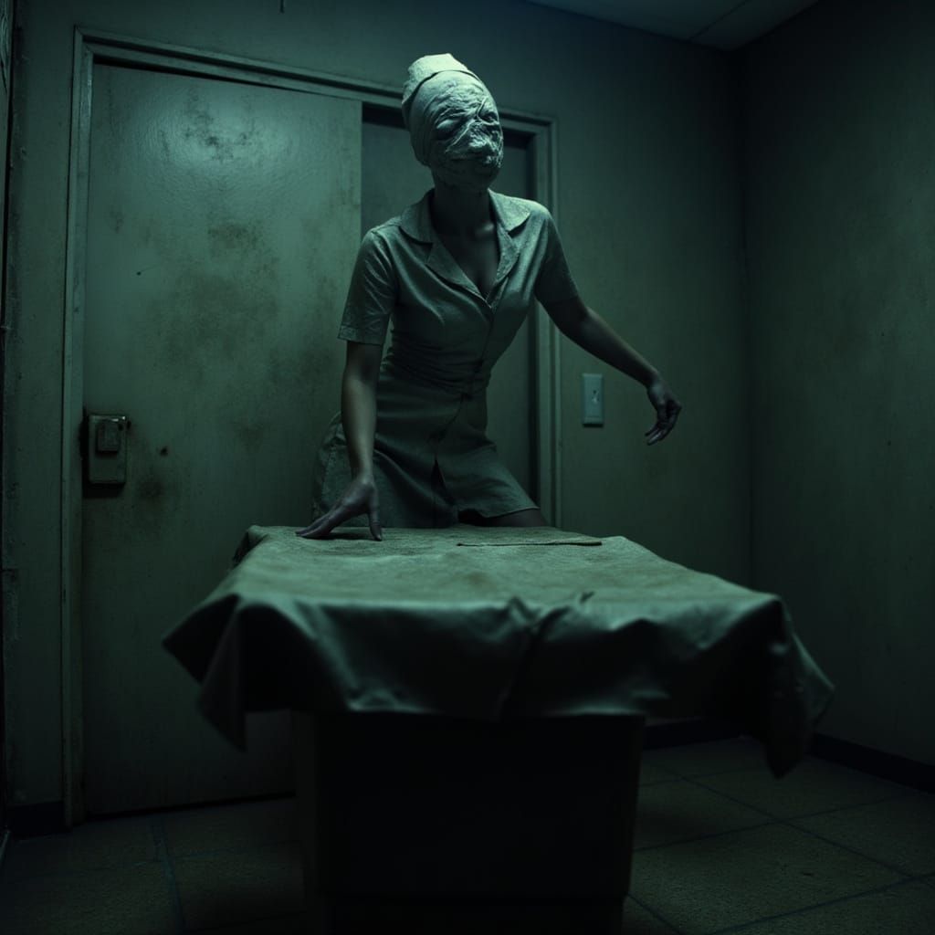 A silent hill nurse stands in a contorted stance next to an operating table in an abandoned operating room. The nurse is holding an old syri...
