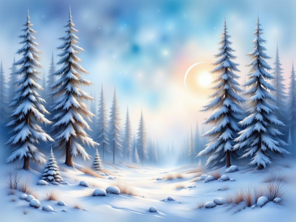 Ethereal Winter Landscape with Rainbow Sun Halo