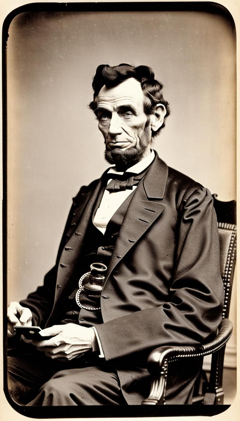 Abraham Lincoln, using an I-phone, portrait by Matthew Brady