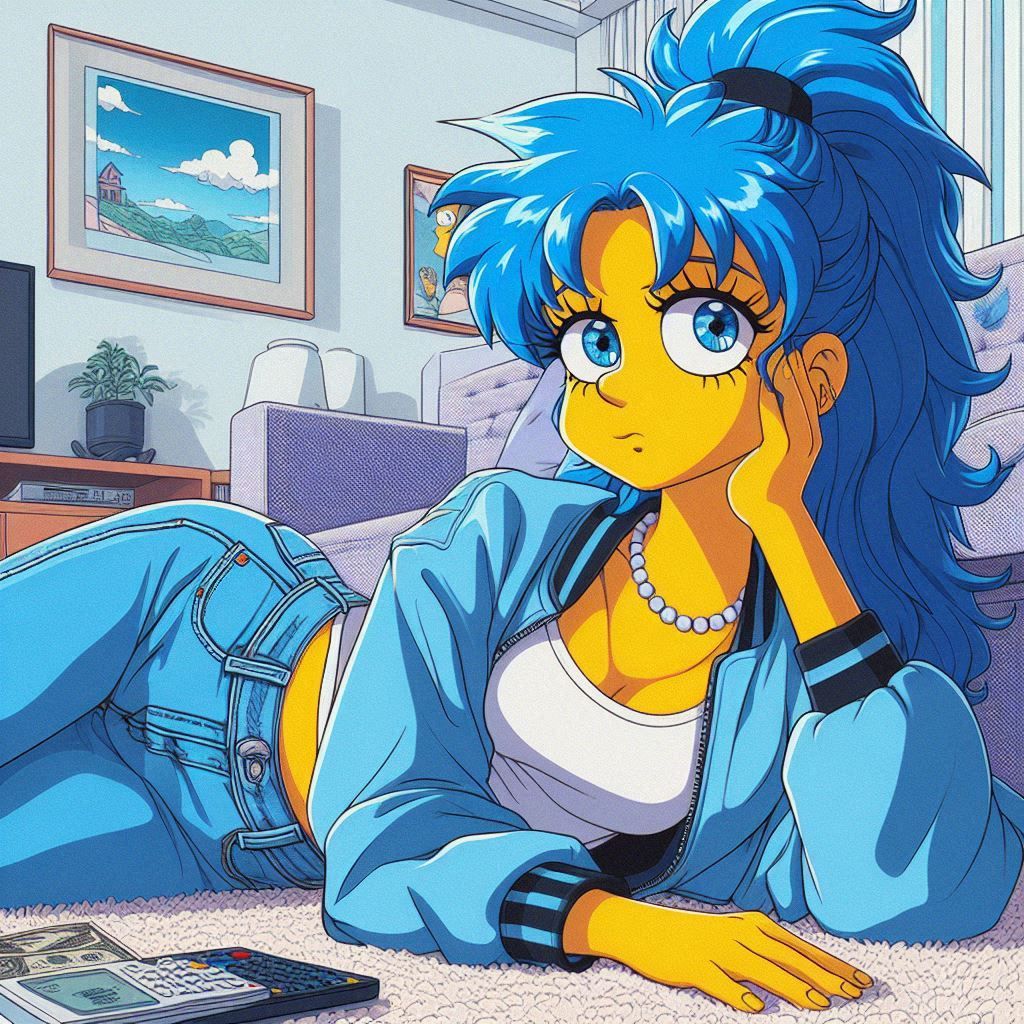 a 1980s anime style image of Marge Simpson drawn in human an...
