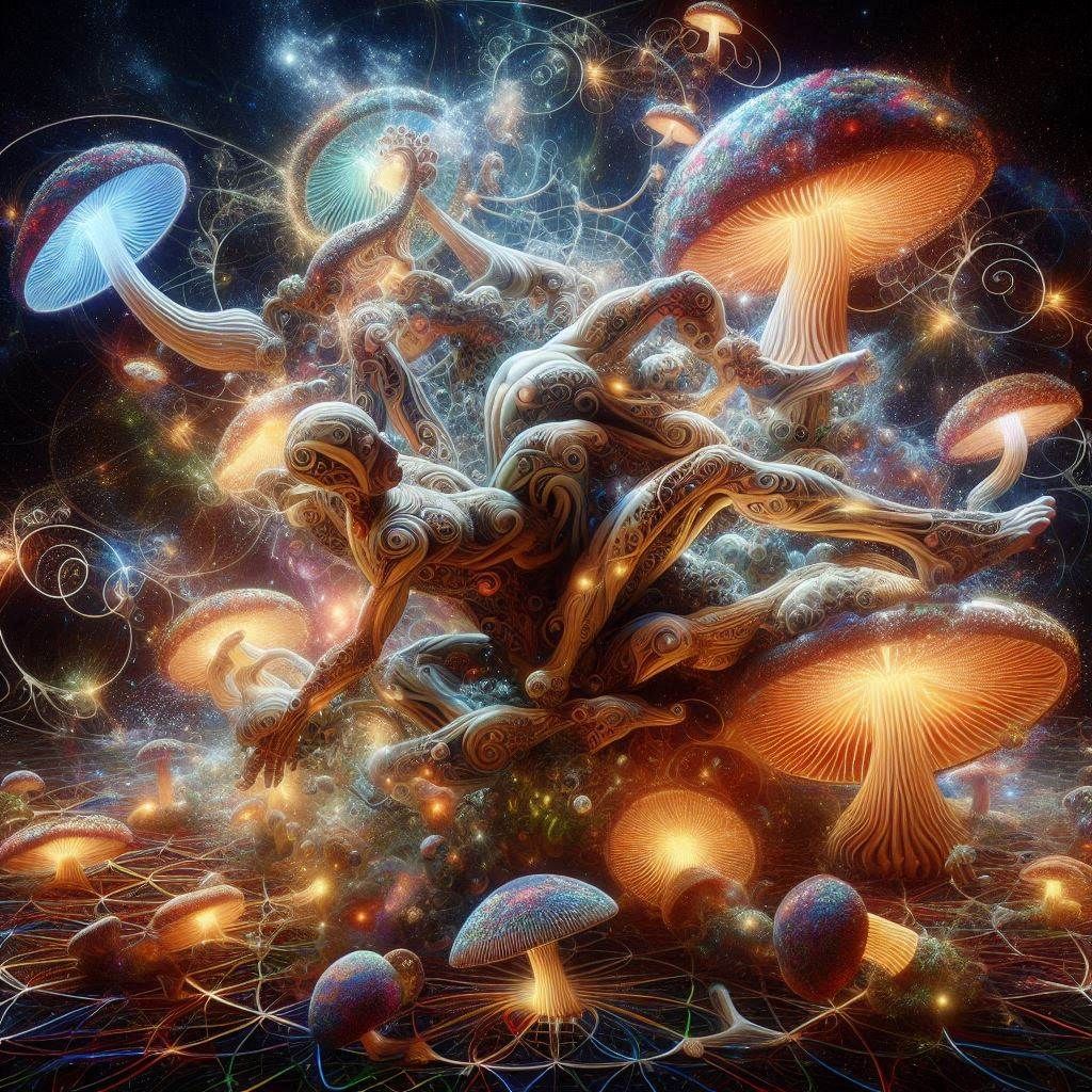 Crazy Mushrooms Wrestling, surrounded by a Labyrinth of ligh...