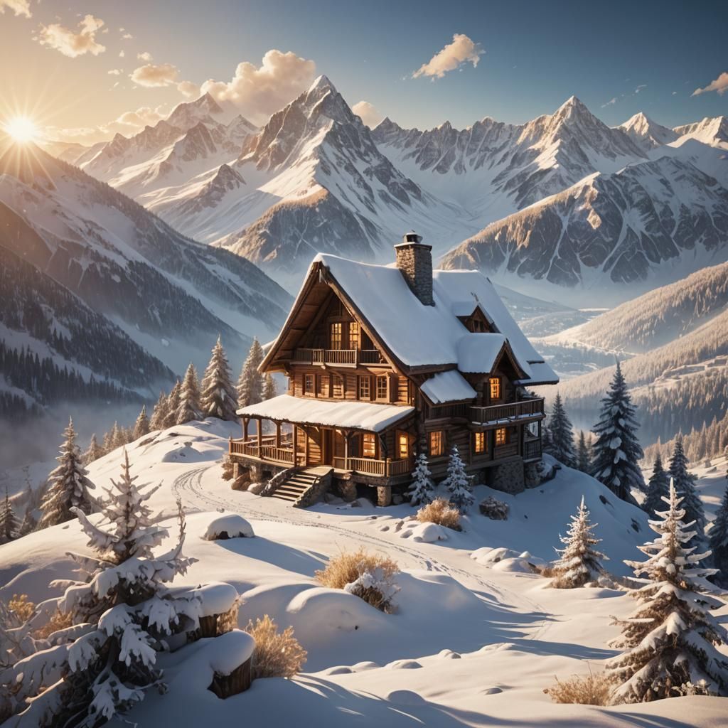 Snowy Cabin at Sunrise: Digital Fantasy Art