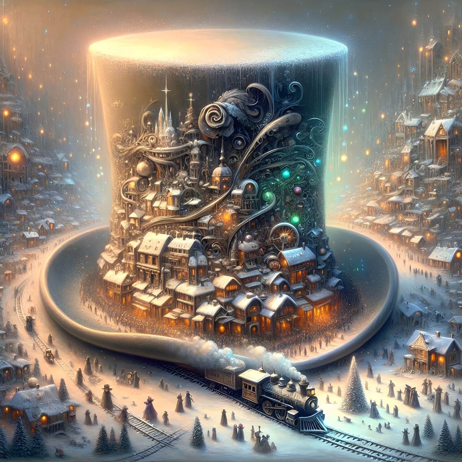 A large top hat with a train and track circuling around the top hat, a Christmas theme. High resolution ...  by @Irene