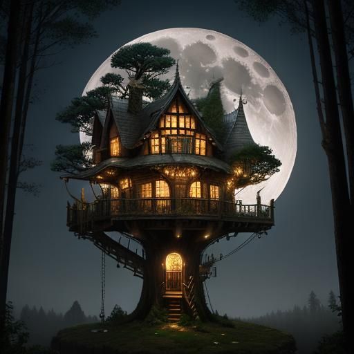 hyperrealistic fantasy tree house, with lights and full moon