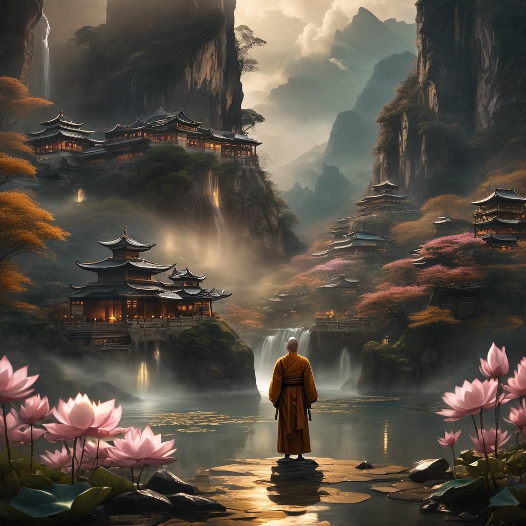 Monk in Lotus Paradise: A Digital Matte Painting