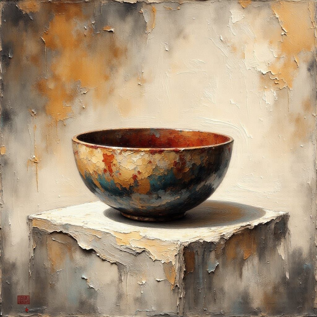 <lora:Ink Poet:1.0> <lora:Impax v2:1.0> <lora:Sumi-e Art Style:1.0> <lora:Empaste:1.0> A simple ceramic tea bowl casting a shadow, heavy imp...