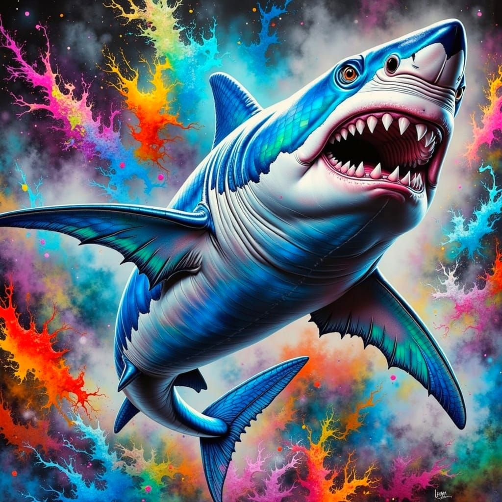 Masterpiece Airbrush artwork. A great white shark, rendered in stunning detail. Its scales are a vibrant spectrum of colors, ranging from si...