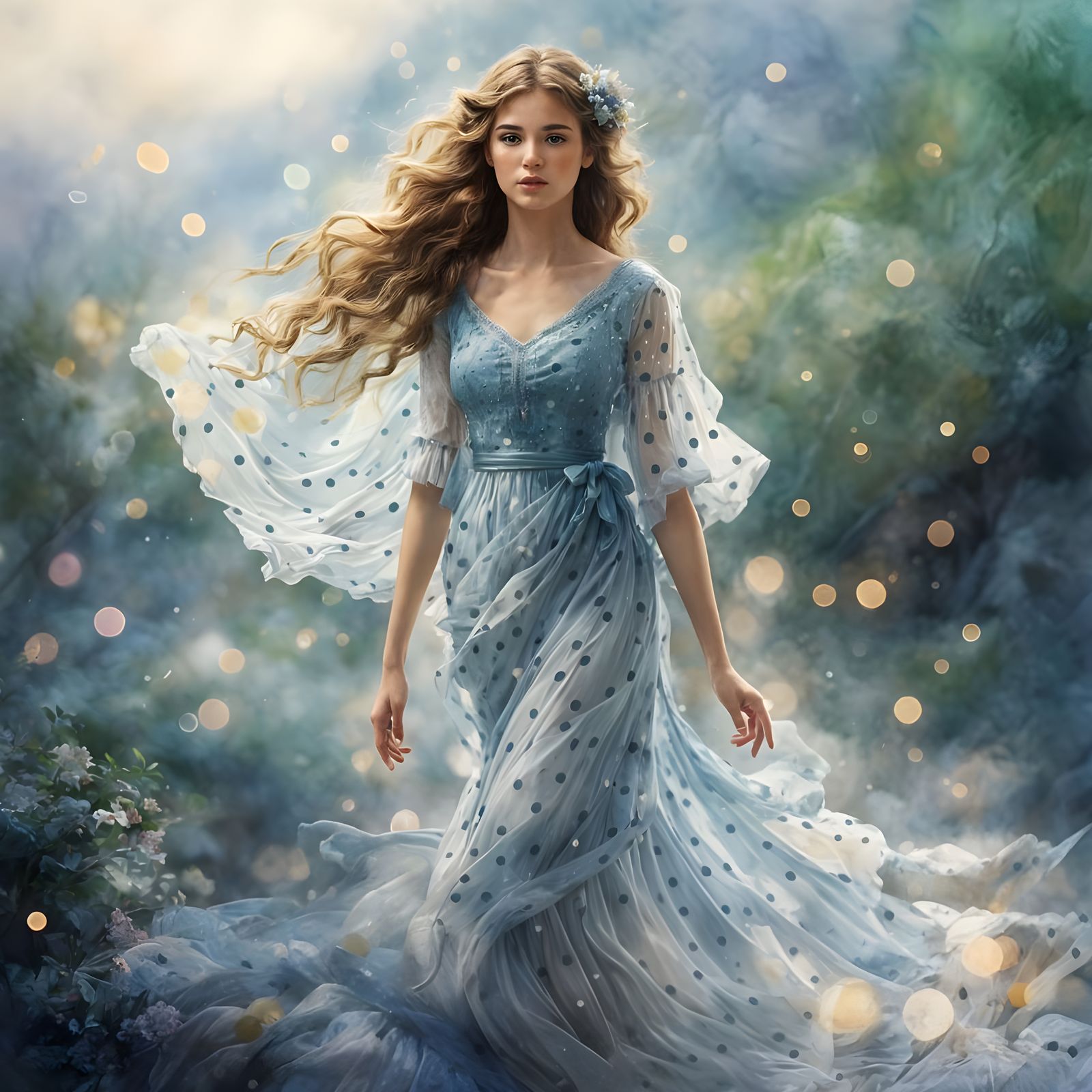 A beautiful woman wearing a flowing dress with polka dots on the dress, in the style of a water colour. ...  by @Irene