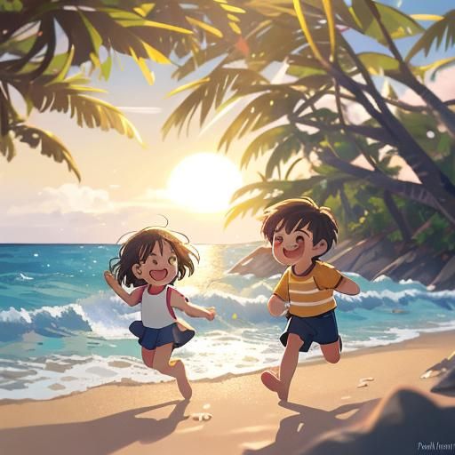Children Run on Beach in Golden Light