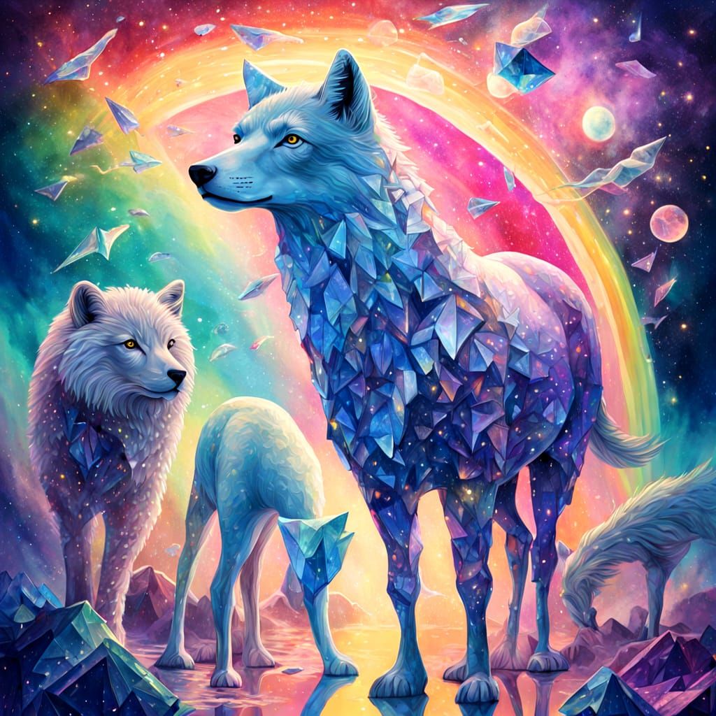 A surreal group of animals made from shattered glass shards, forming a powerful prism of light and colors, photorealistic, ultra-detailed, g...