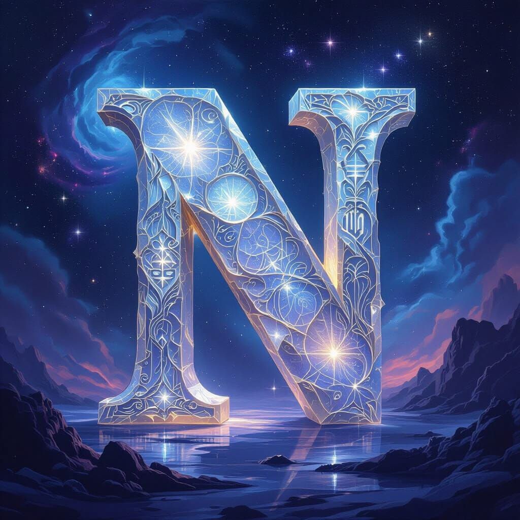 Moonstone Letter N in Surreal Cosmic Art
