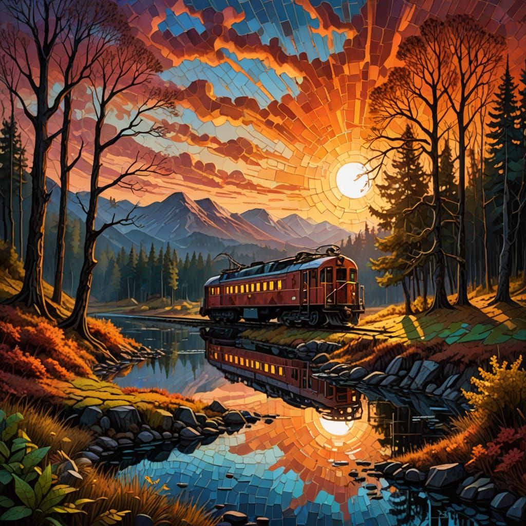 יצירת אמנות דרמטית בסגנון תבליט מתכת צבעוני ומלא ברקמה. אגם יער שליו בזריחה עם רכבת חלודה  נוסעת על על חוף האגם, שלג ראשון יורד, יער חורפי נ...