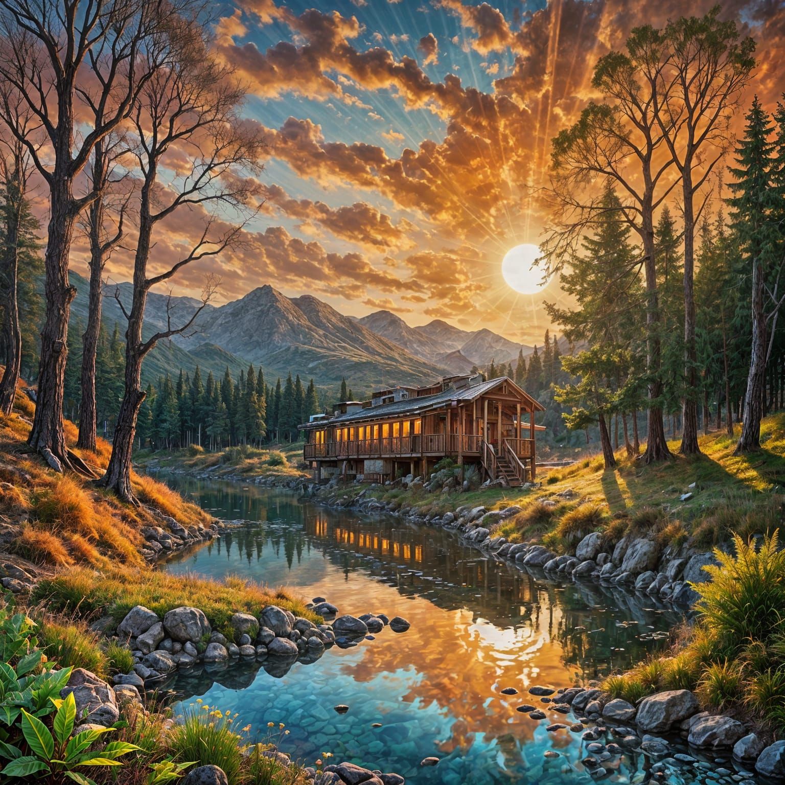 Dramatic Metal Relief Art: Lakeside Forest Sunrise with Trai...