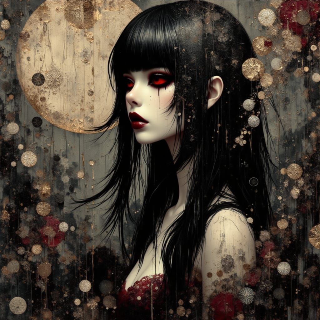 <lora:Goth Grunge Beauty:1.0> heavy extreme smudged oil impasto-style brushwork, An anime manga elegant gorgeous glamorous gothic grunge jap...