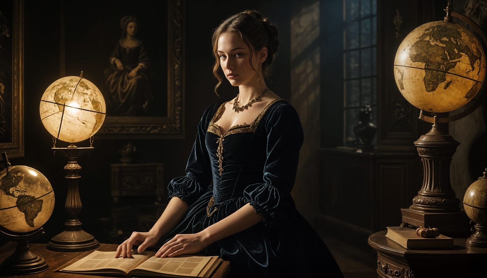 Rembrandt-inspired. A serene lady studies geography with antique globes.  by @Joris