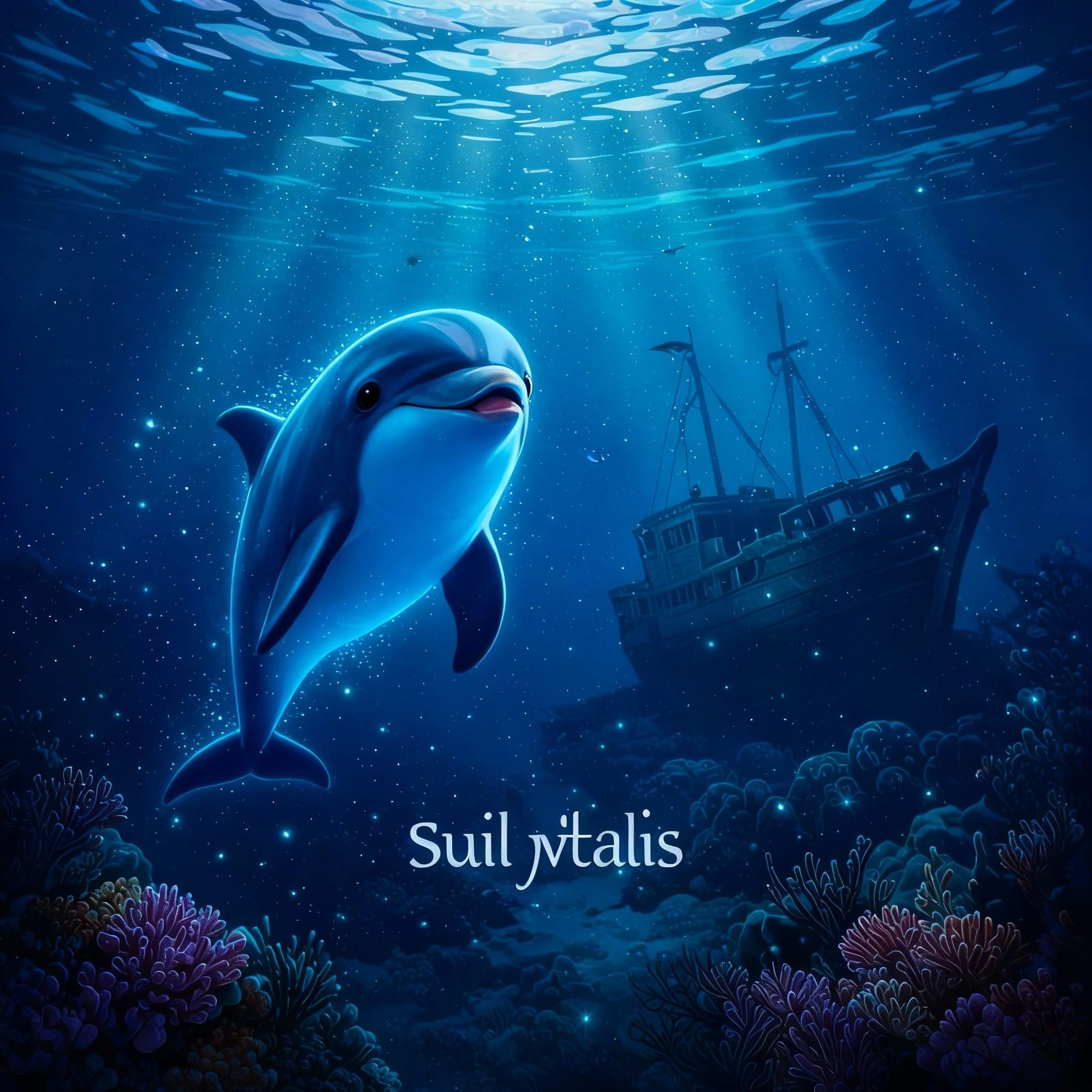 First-person perspective underwater fantasy scene, as if you are swimming deep beneath a magical ocean. A small dolphin companion glows soft...