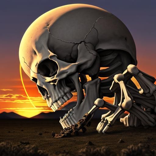 skeleton eating earth at sunset
