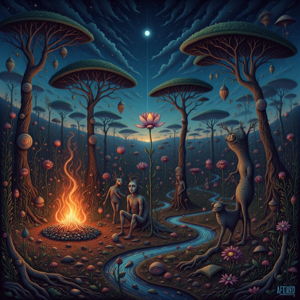 <lora:GazDreamchant:1.0> lotus familiar beside a campfire in the African bush