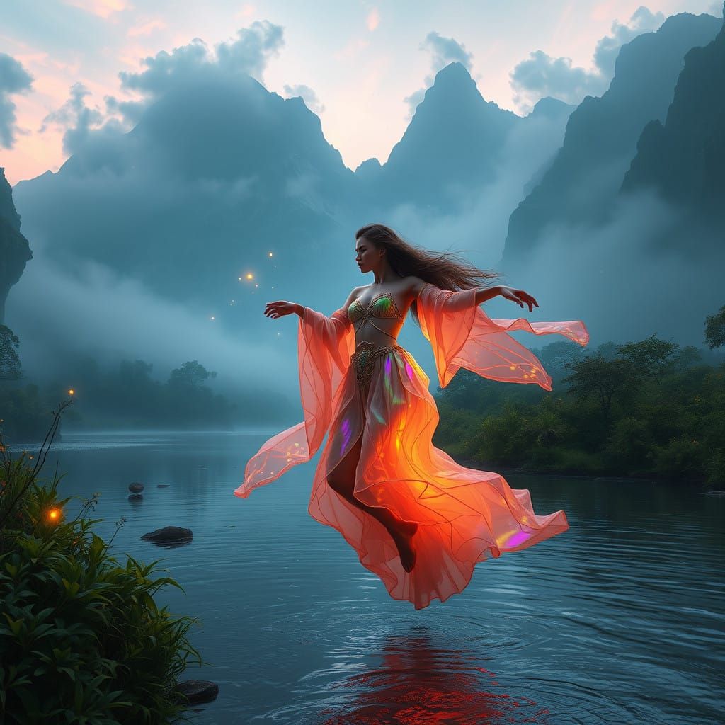 Free spirit floating on a river in the mountains