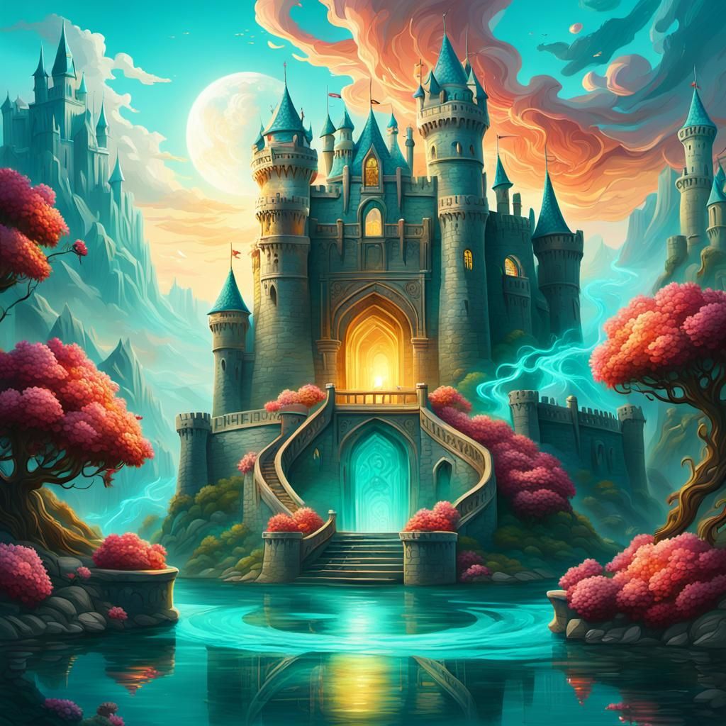 Fantasy magic water aqua teal rose castle monster