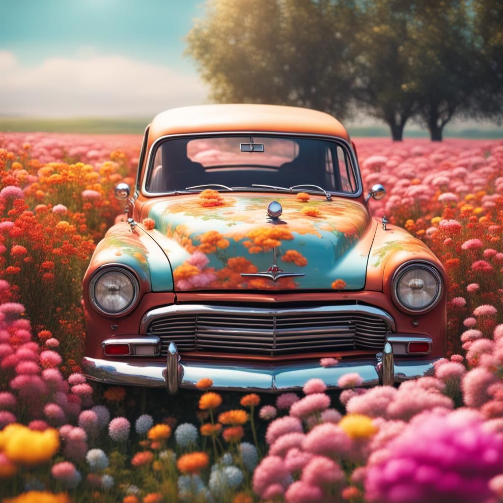 A old vintage car in flower field  by @MD