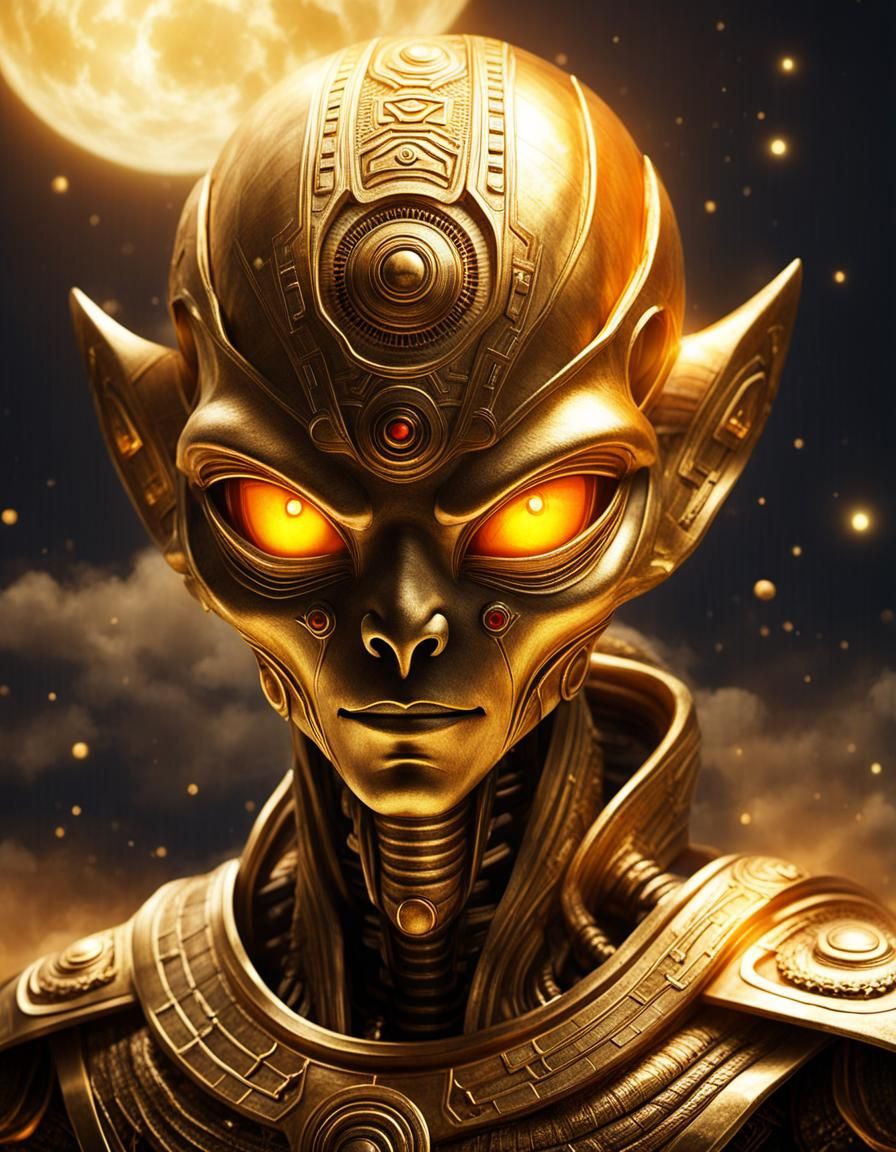 scenic picture of a golden alien god, wide face, orange glow...