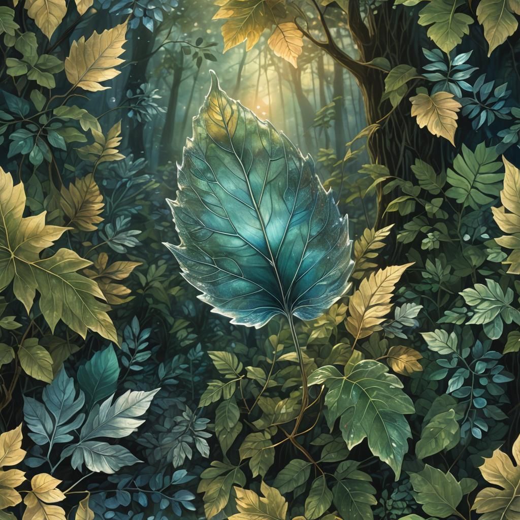 Glowing Glass Leaf in Mystical Forest