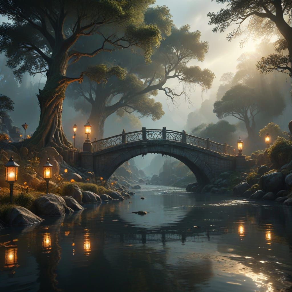 Epic Elvish Realm Bridge in Golden Light