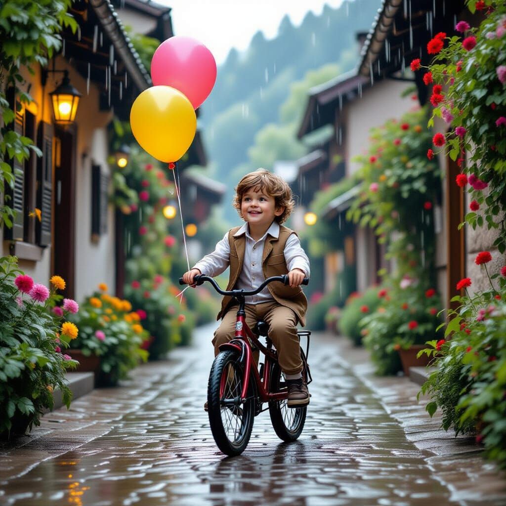 Boy on Bicycle with Balloon in Rainy Village