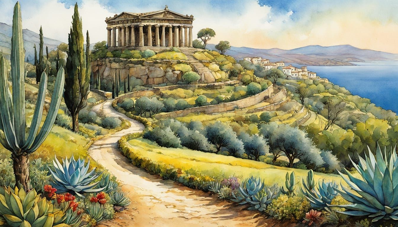 Greek Hillside Landscape in Storybook Style