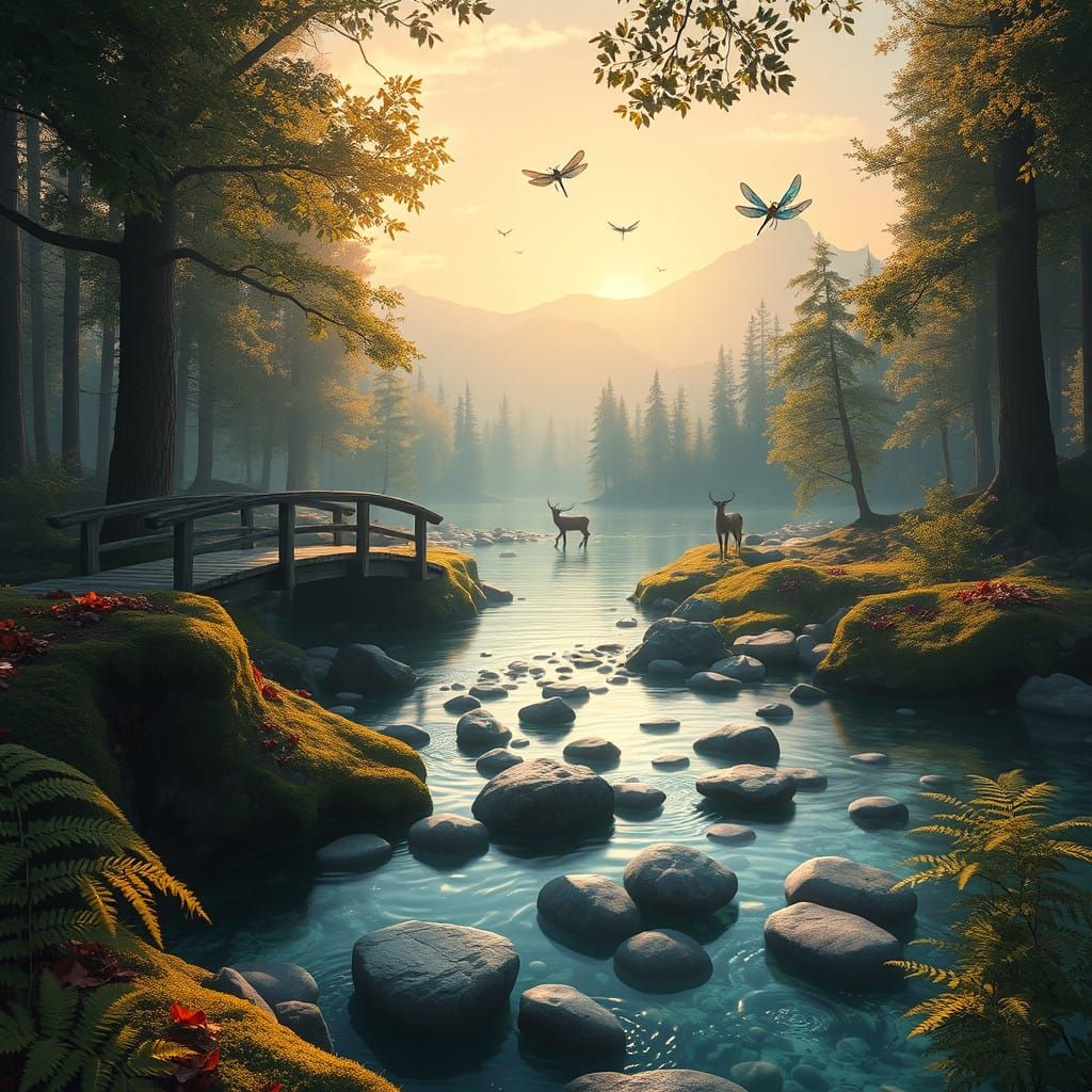 Serene Forest Landscape with Rustic Bridge and Crystal River