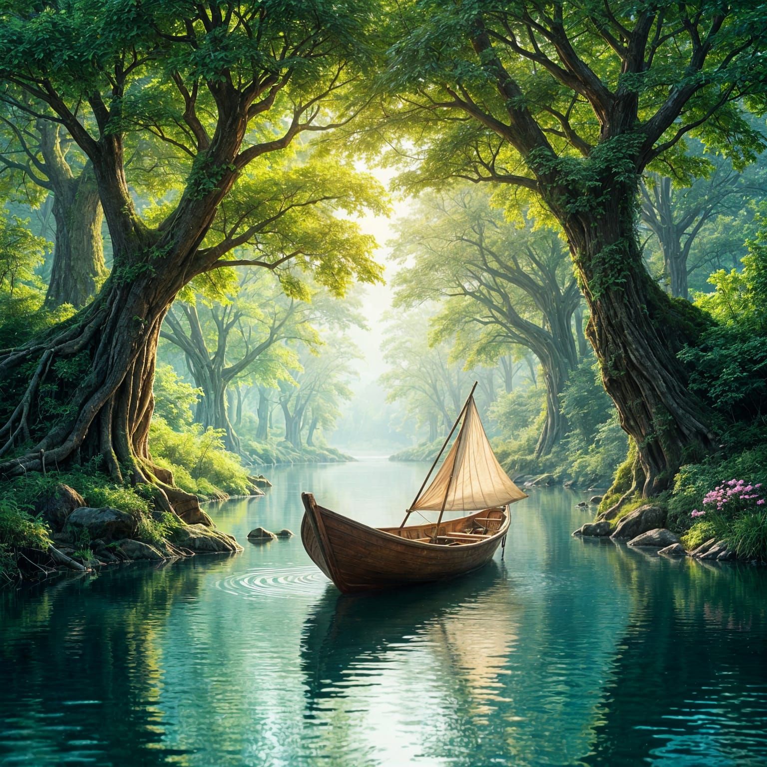  A tranquil river scene with trees and a boat