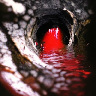 a stream of bright red blood in a tunnel lined with alligato...