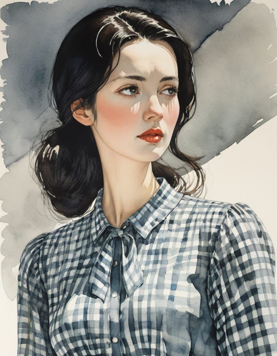 dark haired woman in Gingham Print blouse