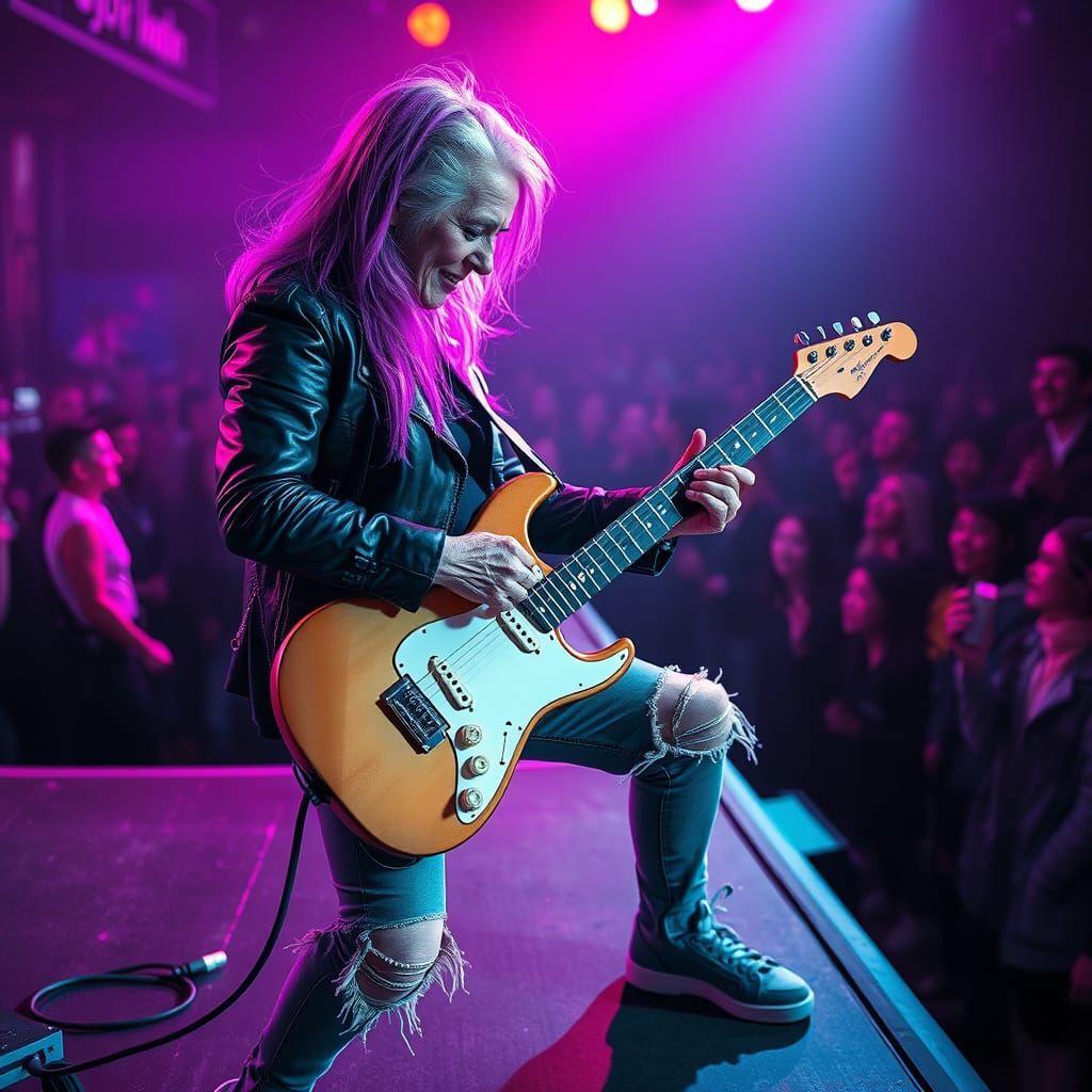 imagine an elderly woman with vibrant purple hair and a leather jacket, shredding on an electric guitar ...  by @Silphir
